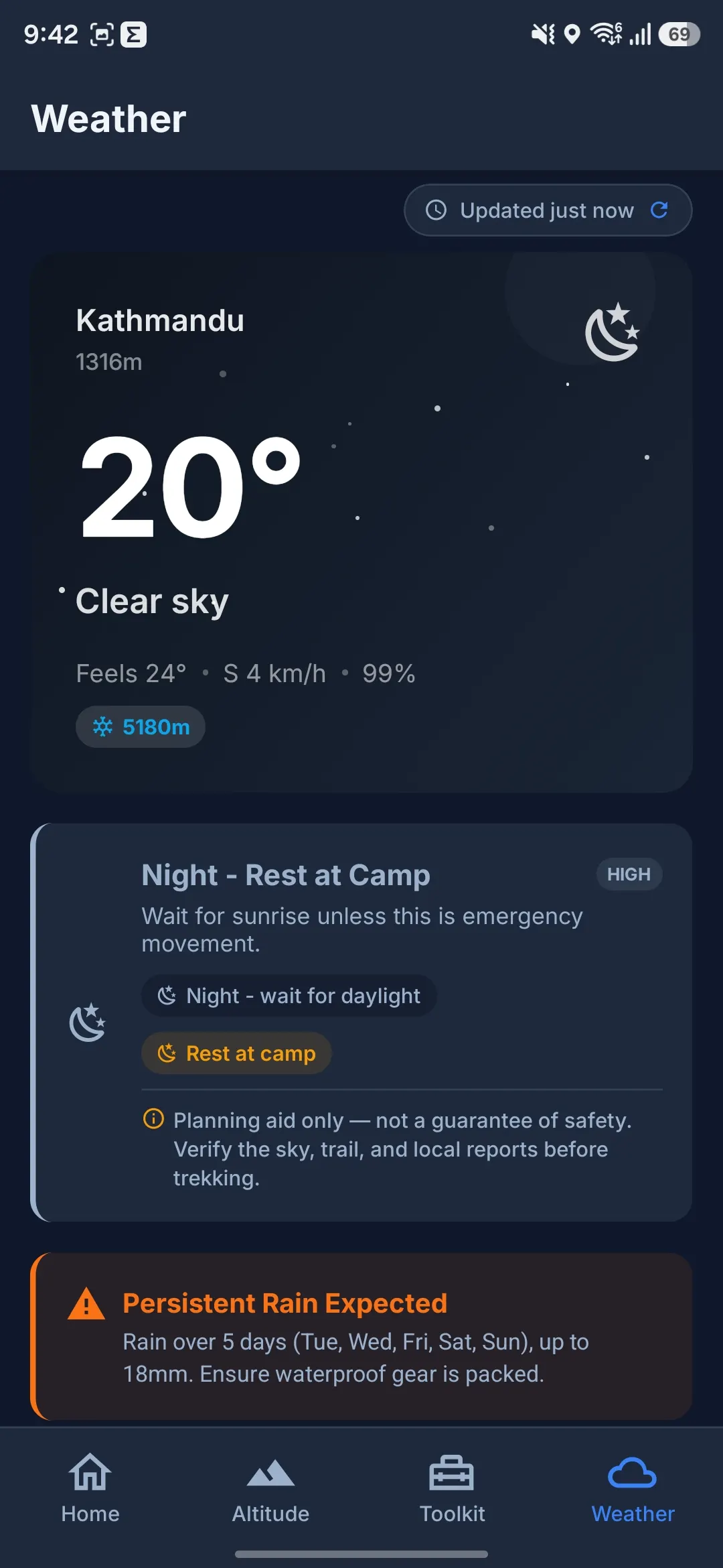 TrekGuard weather intelligence screen